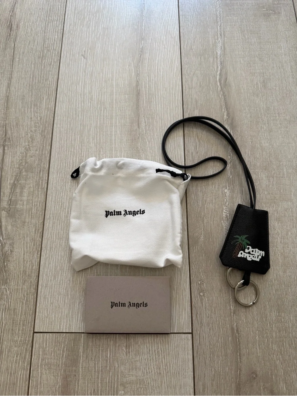 Palm Angels Black Leather Key holder Lanyard with White Logo and Green Palm